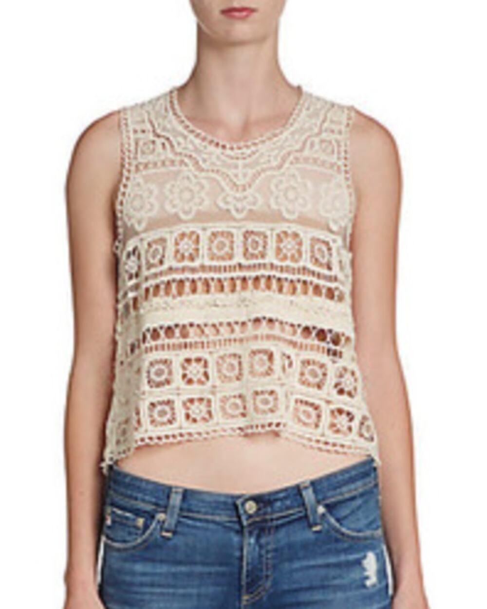 Women's Crewneck Sleeveless Sheer Crochet Crop Top Sz XS Festival Hippie Casual